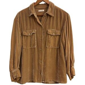 Sablyn Women's Velvet Silk Golden Brown Luxe Minimalist Button Down Shirt Small